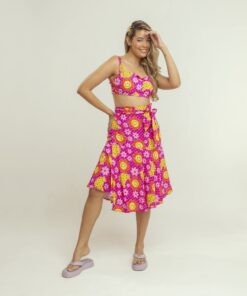 Conjunto Saia Transpassada + Top Estampado